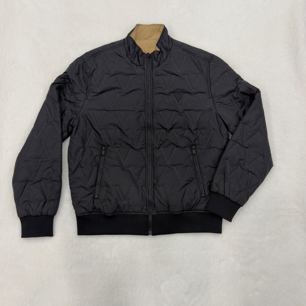 Guess Mens Reversible Puffer Bomber Jacket Black Tan Quilted Full Zip NWT